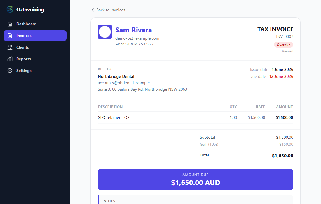 Branded invoice with logo and payment details