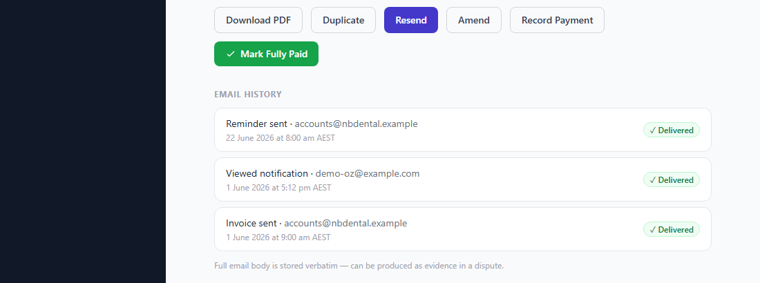 Email history showing sent, viewed and reminder emails