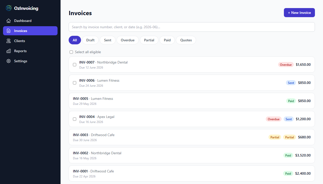 Invoices list with status tabs