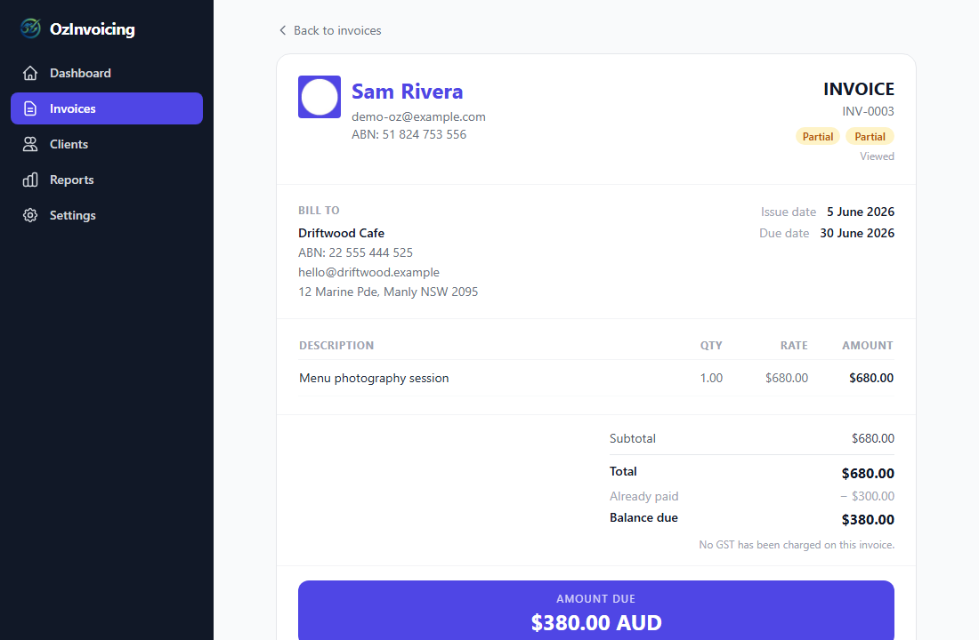 Invoice showing partial payment received and balance due